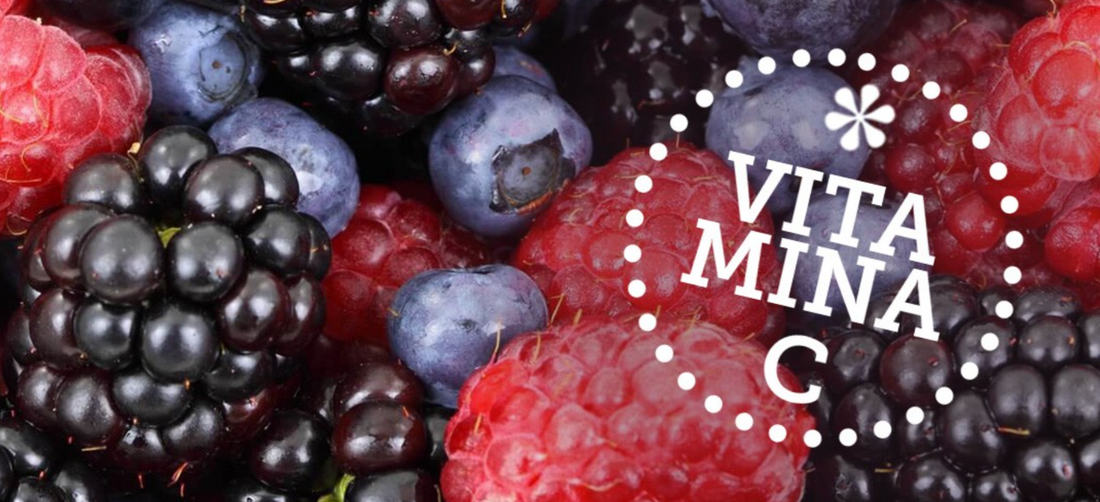 Close-up de amoras, morangos, mirtilos e framboesa e texto Vitamina C dentro de um círculo pontilhado no canto direito
